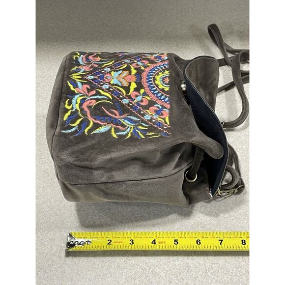 Beautiful Embroidered Mini Backpack Brown Suede With Snap Button Closure-Travel - Picture 13 of 13